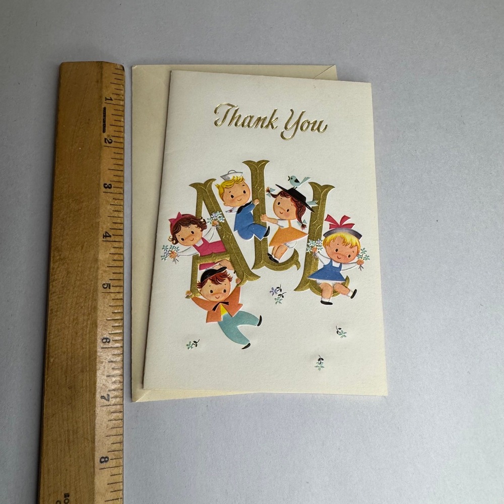 Vintage Rust Craft Thank You Card Children Birds Mid Century Unused